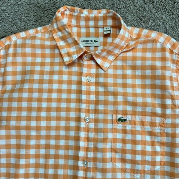 Lacoste Men’s Regular Fit Orange White Plaid Long Sleeve Button Down Shirt Sz M - Picture 2 of 8